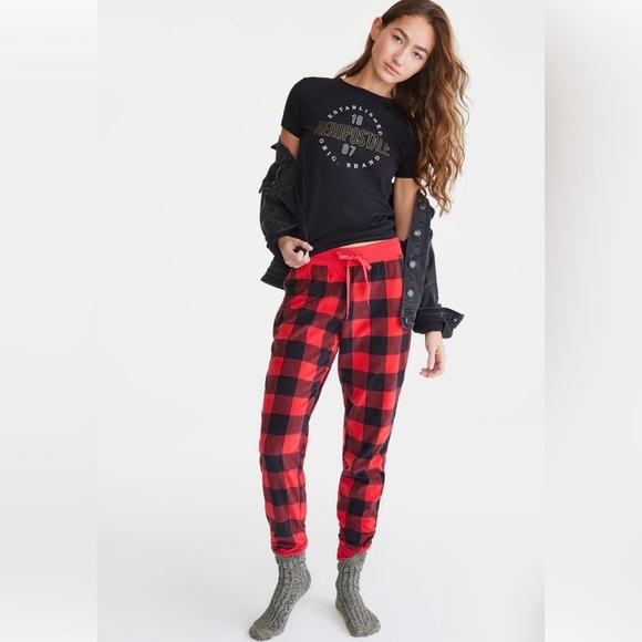 Aeropostale Red Black Buffalo Plaid Cozy Festive Sleep Joggers Size Small Lounge - Picture 2 of 9